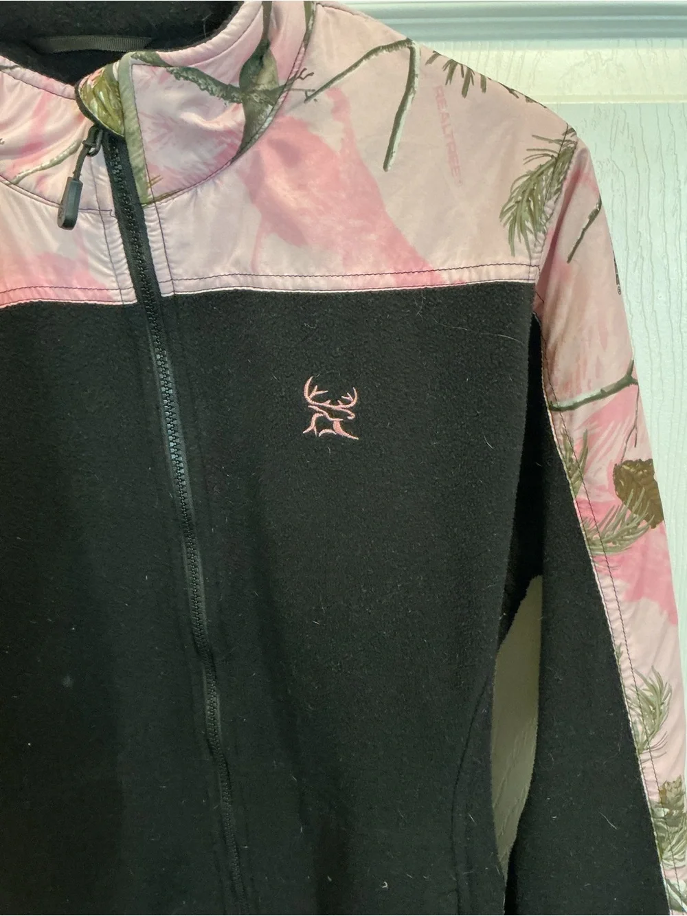 Ladies ' Black & Pink Fleece Jacket with Camouflage Accents